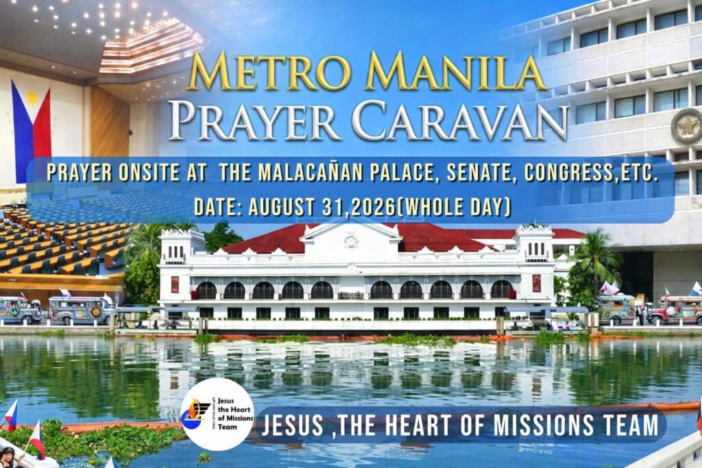 Metro Manila Prayer Caravan event poster featuring Malacañan Palace, Senate, Congress, and August 31, 2026 whole-day onsite prayer schedule