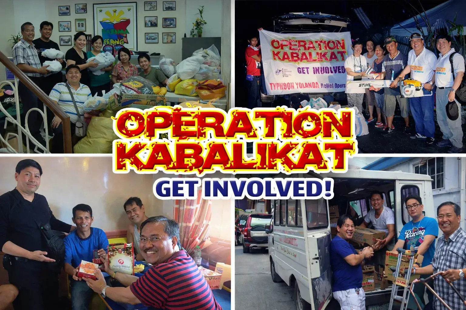 Operation Kabalikat volunteers distributing relief goods and providing assistance during Typhoon Yolanda relief operations. Image highlights volunteers in action, featuring donated items and essential supplies, with the Operation Kabalikat logo centered as a call to get involved in disaster relief efforts.