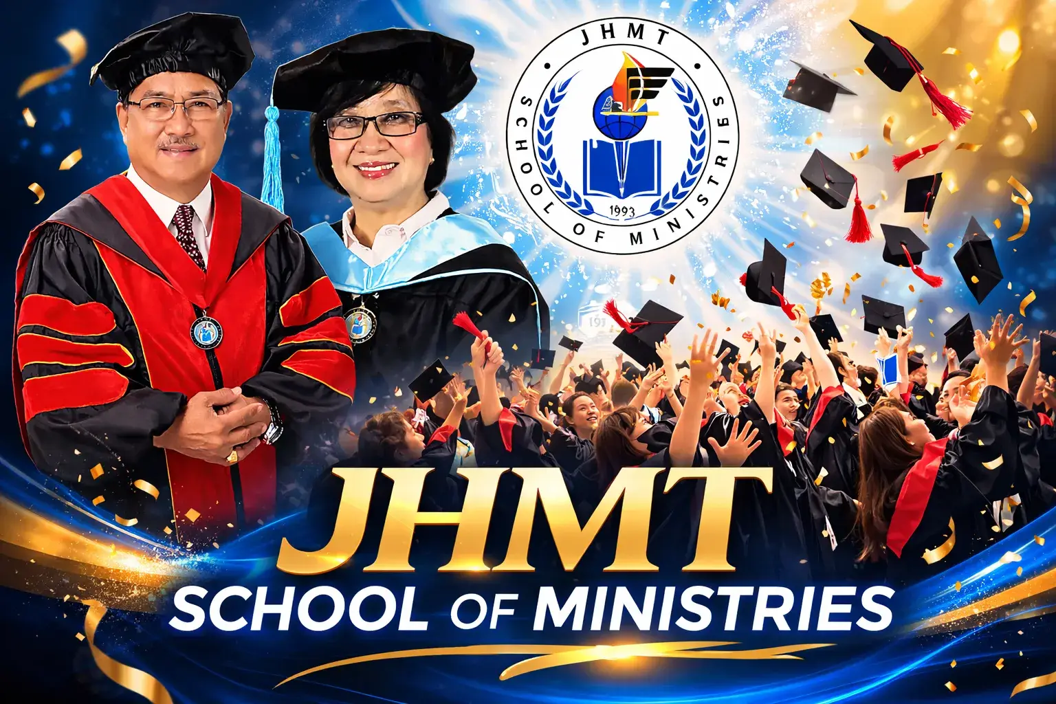 Graduation celebration at JHMT School of Ministries with Bishop Dante and Pastora Cynthia Veluz, featuring graduates throwing their caps in the air.