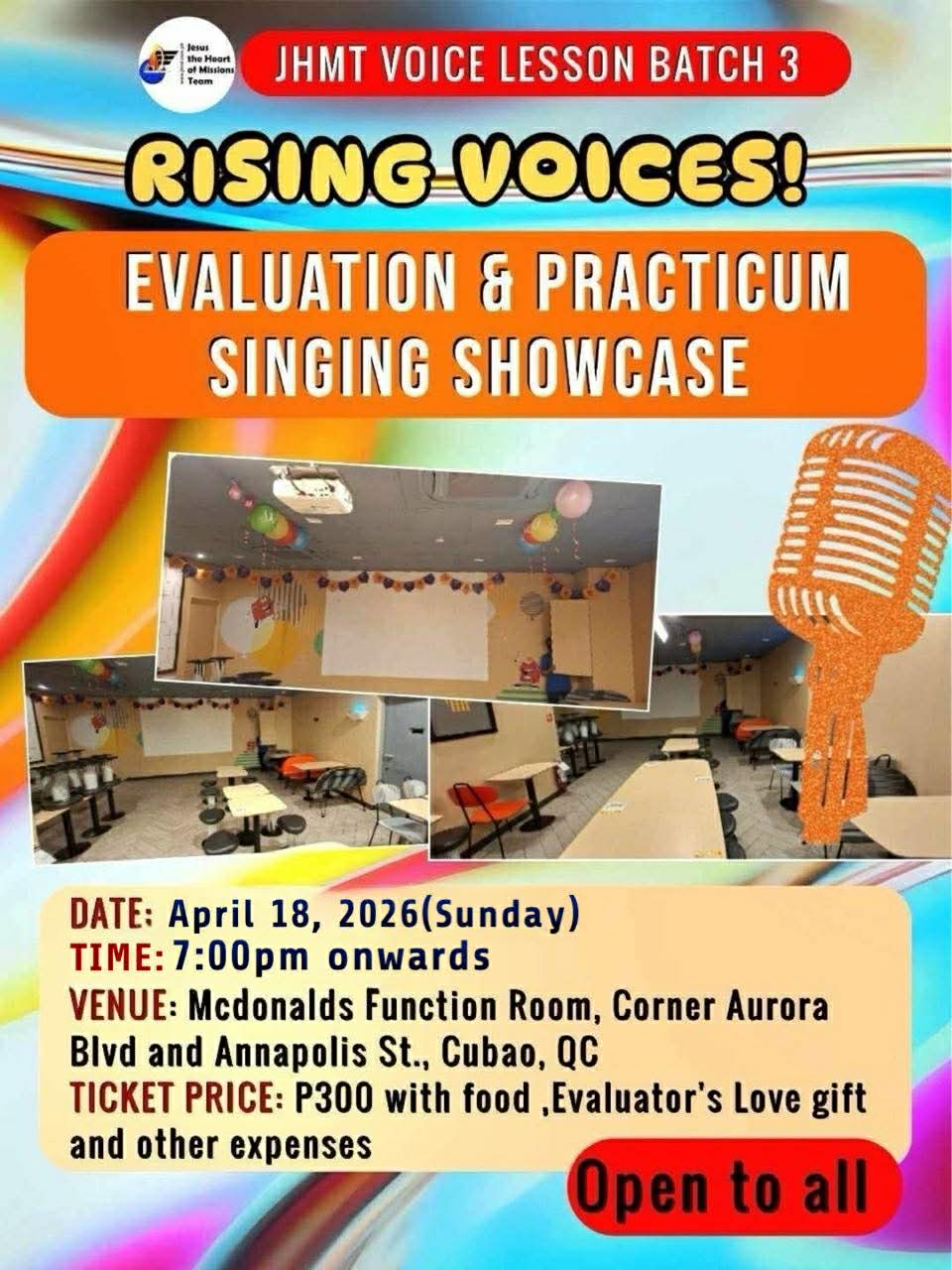 Rising Voices! Evaluation & Practicum Singing Showcase event by JHMT Voice Lesson Batch 3 on April 18, 2026, at McDonald's Function Room, Cubao, QC.