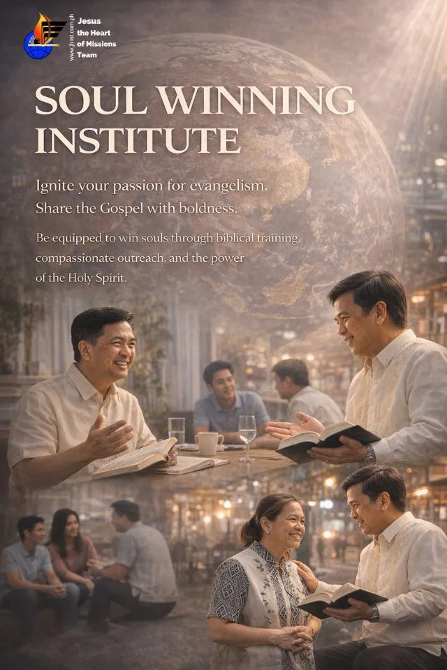 Soul Winning Institute banner showing Filipino believers in evangelism training and street outreach with a globe symbolizing missions